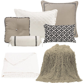 white diamond linen quilt, Mongolian fur throw in taupe, Augusta decorative pillows