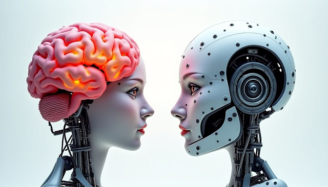 Human brain and robotic brain side by side.