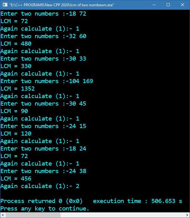 Program in C and C++ to find LCM of two numbers using Division method