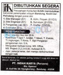 PT Indah Karya (Persero) - Site Manager, Site Engineer 