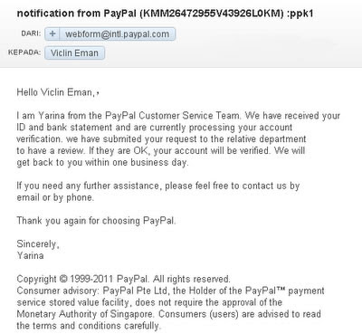 balasan dari paypal