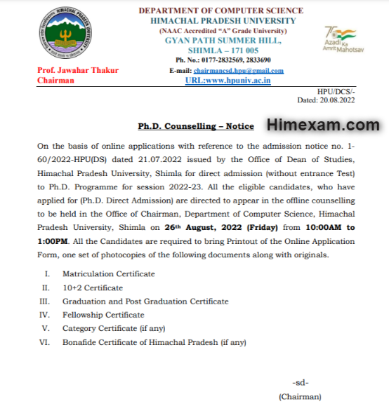 Ph.D. Computer Science Counselling Notice (Direct Admission) 2022-2023:- HPU Shimla