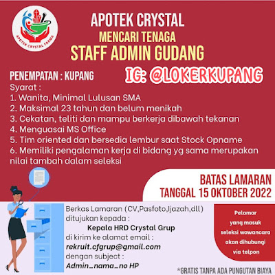 Lowongan Kerja Apotek Crystal Sebagai Staff Admin Gudang