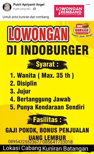 Lowongan Kerja Pegawai Indoburger Kuniran Batangan Pati Tanpa Syarat Ijazah