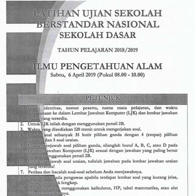 Download Soal Latihan USBN IPA Kelas 6 SD TAHUN 2018 / 2019