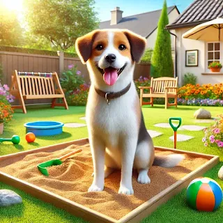 Egy boldog kutya egy jól karbantartott kertben, játékokkal és egy kijelölt ásóhely mellett. A jelenet napos és barátságos, a kutya vidám és gondozott környezetben látható.-A happy dog in a well-maintained backyard garden, surrounded by toys and a designated digging spot. The scene is sunny and cheerful, showcasing the dog in a cared-for environment.