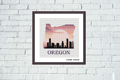Oregon state map silhouette sunset cross stitch pattern