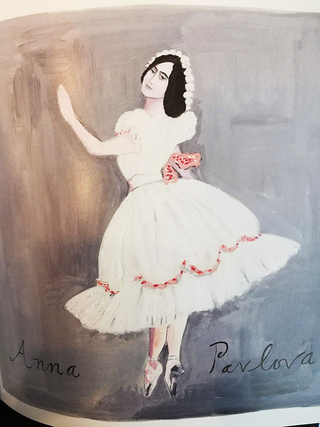 Illustration of ballerina Anna Pavlova, Cake recipe book, Cake cook book, Maira Kalman, Barbara Scott-Goddman