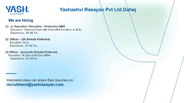 Yashashvi Rasayan Hiring For Diploma/ BE Chemical/ Environment/ MSc/ BSc