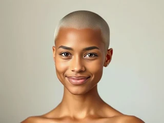 A woman with a clean buzz cut, embracing minimalism and facial definition. The style is empowering, bold, and easy to maintain, often paired with strong makeup or earrings for flair.