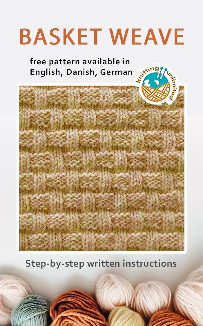 Basketweave stitch is offered in three languages - English, Danish, and German - and all versions are available for free.