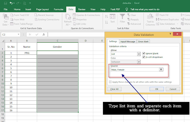 created dropdown list in excel.