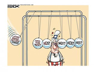 image: cartoon by Steve Sack, "The domino effect"