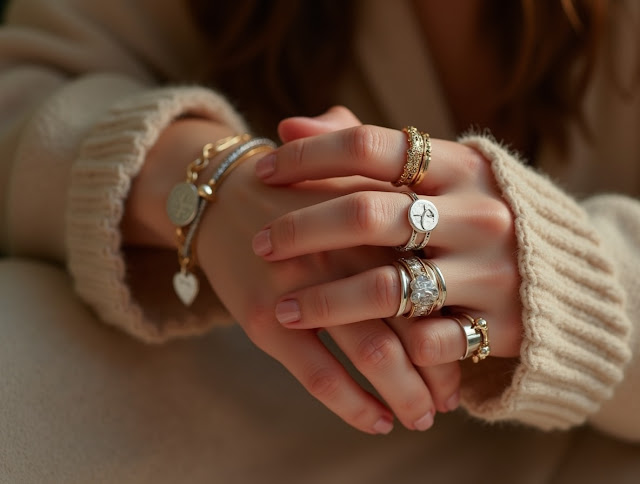 Flat lay of silver and gold personalized charm jewelry