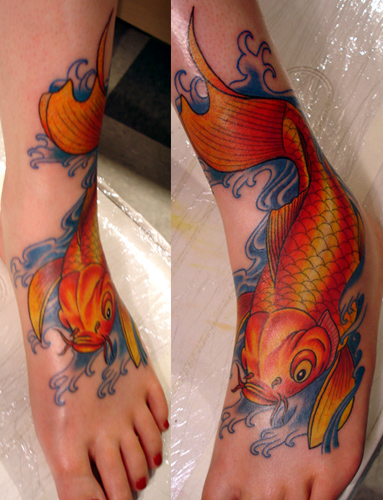 koi fish tattoo on foot