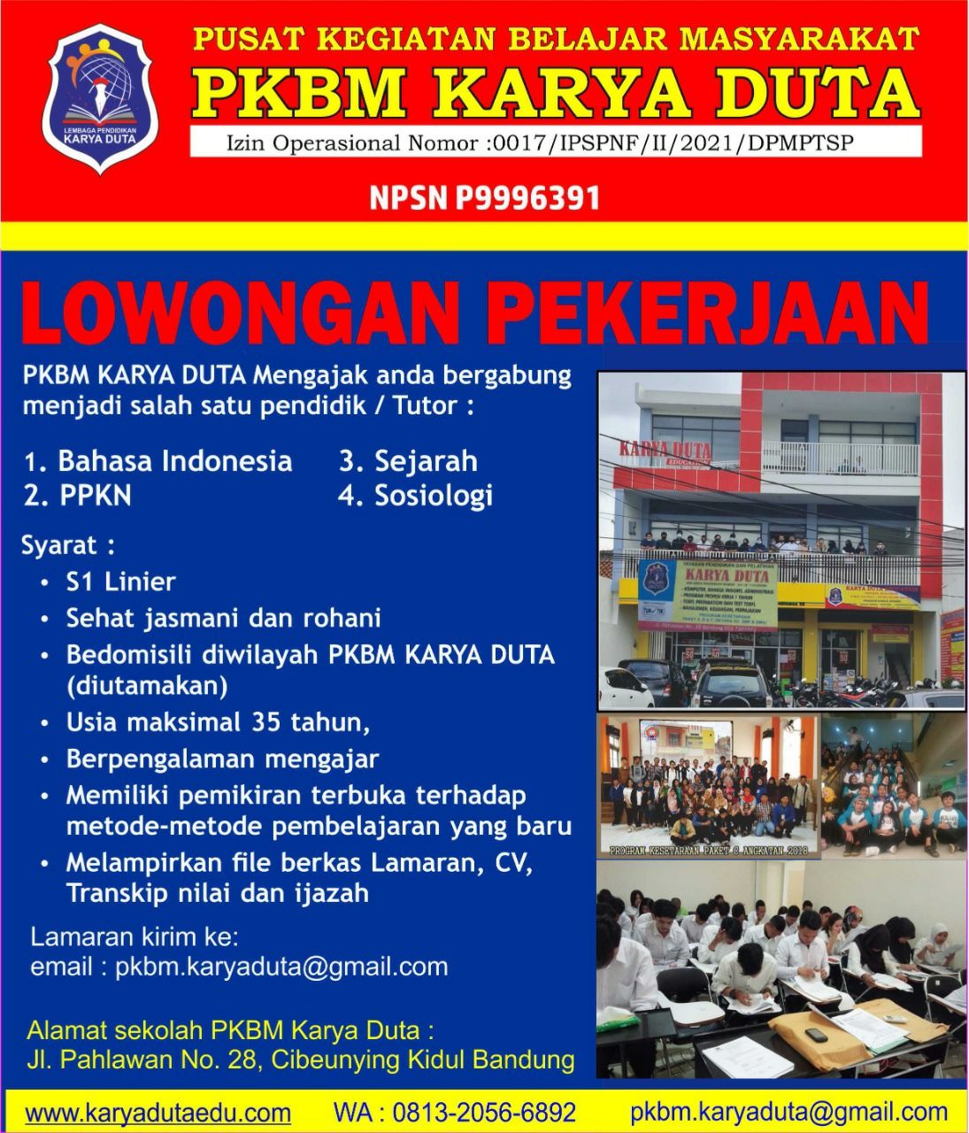 Lowongan Kerja Tutor PKBM Karya Duta Bandung Agustus 2022