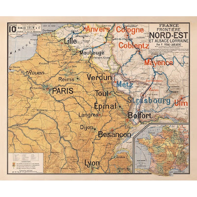 Carte scolaire Vidal Lablache N°10, France-Frontières nord-est et Alsace Lorraine (malgré leur perte en 1870…), entre 1871 et 1914 (collection anciennes cartes scolaires)