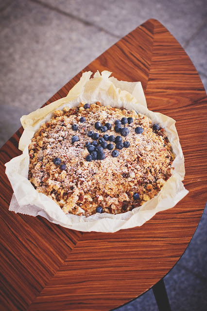 Apple Cinnamon Coffee Cake - Topped with blueberries