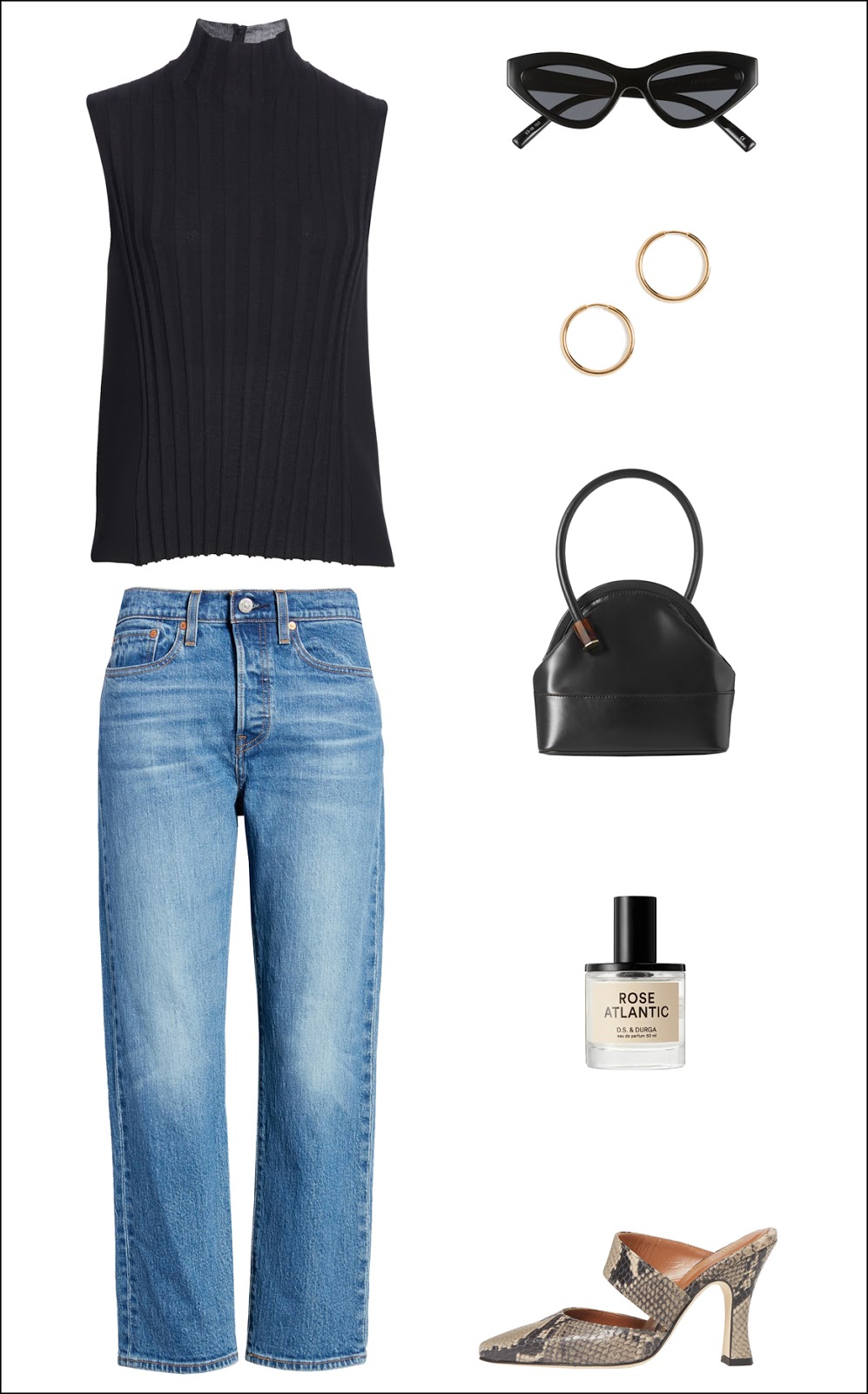 Dressed Up Denim Spring Outfit Idea — Black Sleeveless Top, Cat-Eye Sunglasses, Gold Hoop Earrings, Black Mini Bag, Levi's Jeans, Rose Fragrance, and Snake-Print Mules