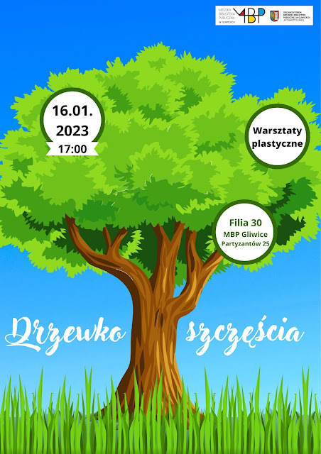 Plakat promujący warsztaty - drzewo na tle niebieskiego nieba