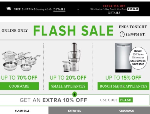 Hudson's Bay Flash Sale Up To 70% off Cookware, 20% off Small Appliances, 15% off Major Appliances + Extra 10% Off Promo Code