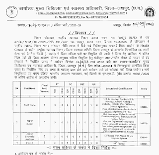 CG JASHPUR HEALTH JOBS : छत्तीसगढ़ जिला जशपुर में भृत्य, स्टाफ नर्स, एमपीडब्ल्यू एवं कंप्यूटर ऑपरेटर पदों की वेकेंसी