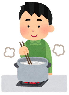 食材を茹でている人のイラスト（男性・箸）