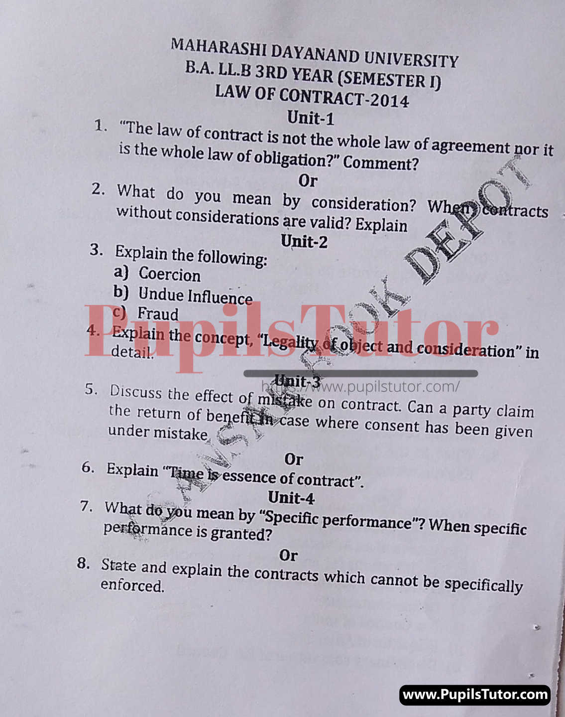 MDU (Maharshi Dayanand University, Rohtak Haryana) LLB Regular Exam (Hons.) First Semester Previous Year Law Of Contract Question Paper For 2014 Exam (Question Paper Page 1) - pupilstutor.com
