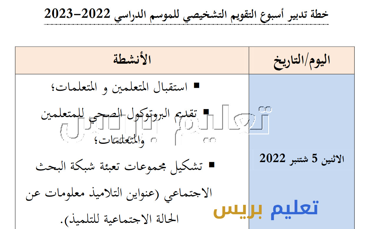 خطة تدبير أسبوع التقويم التشخيصي للموسم الدراسي 2023-2022