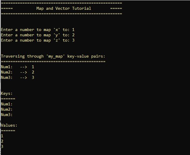 C++ script - Using map and vector to map and store key-value pairs created by user input.