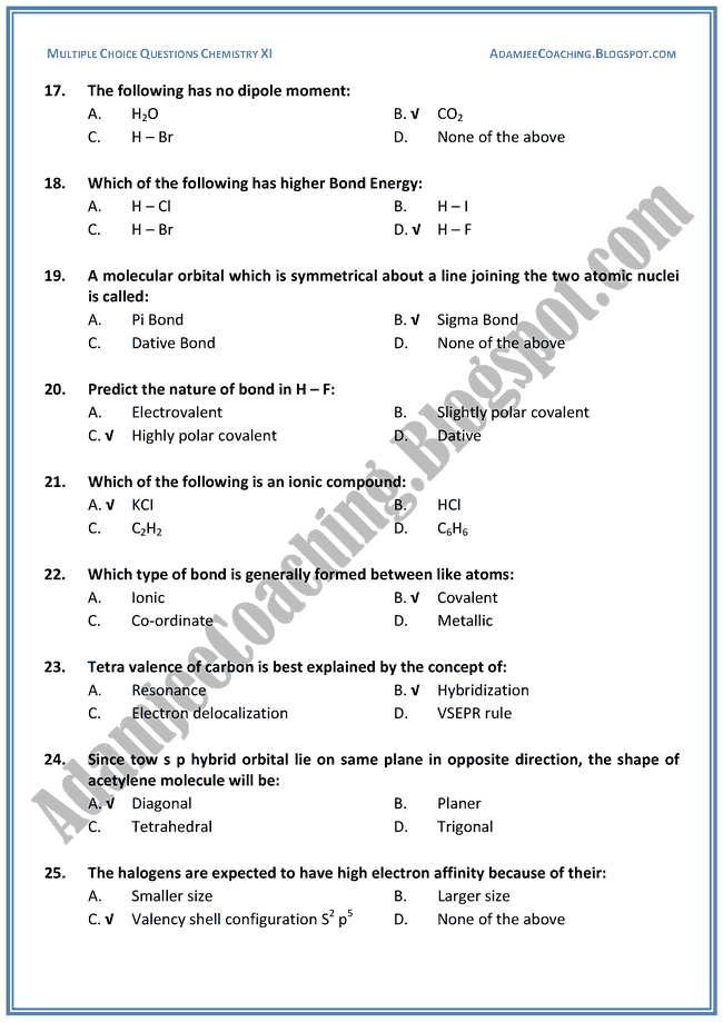 XI Chemistry MCQs - Chemical Bonding