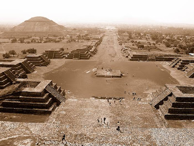 Pyramid of the Sun, It was massive, one of the first great cities of the Western Hemisphere. And its origins are a mystery. It was built by hand more than a thousand years before the swooping arrival of the Nahuatl-speaking Aztec in central Mexico. But it was the Aztec, descending on the abandoned site, no doubt falling awestruck by what they saw, who gave it a name: Teotihuacan. A famed archaeological site located fewer than 30 miles (50 kilometers) from Mexico City, Teotihuacan reached its zenith between 100 B.C. and A.D. 650. It covered 8 square miles (21 square kilometers) and supported a population of a hundred thousand, according to George Cowgill, an archaeologist at Arizona State University and a National Geographic Society grantee.