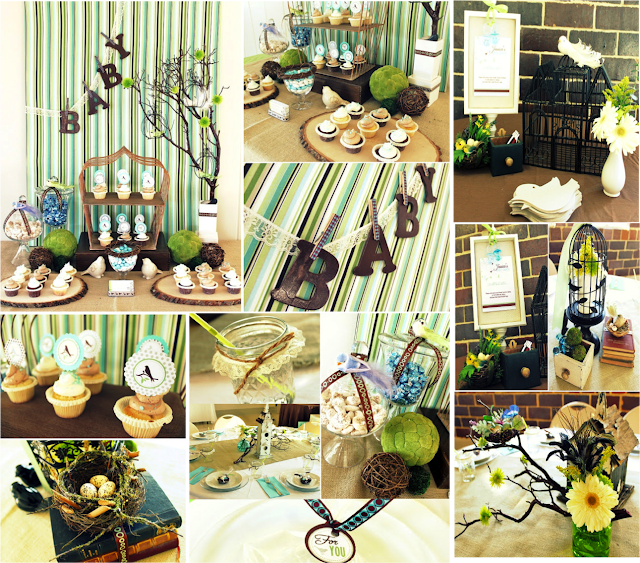 Decoracion campestre con pajaros para baby shower