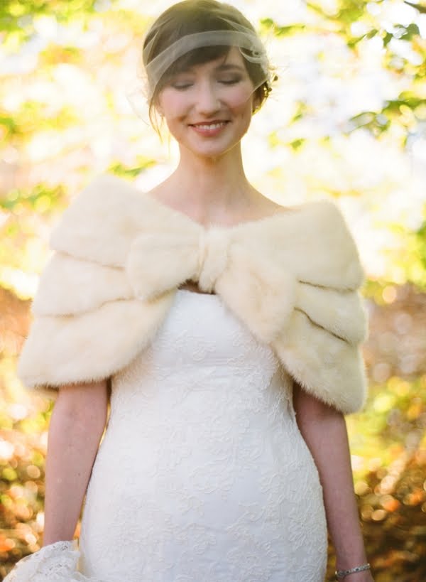 I heart this beautiful rustic vintage wedding The brides fur stole and veil