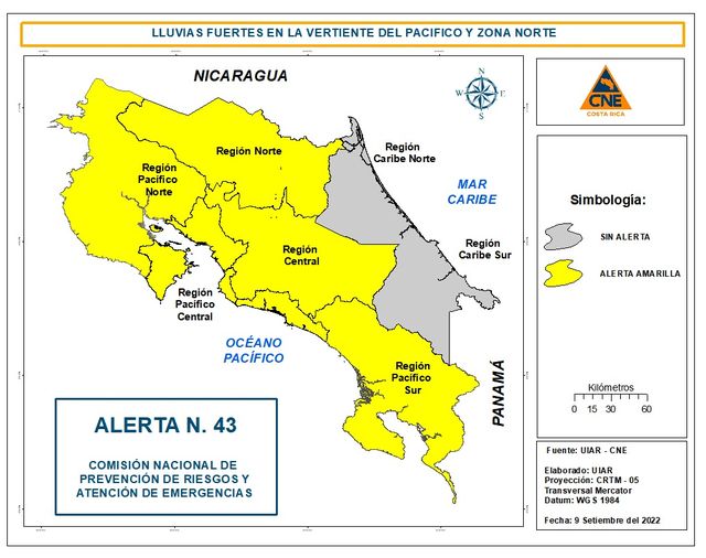 CNE eleva el estado de alertas a la condición de Alerta Amarilla a prácticamente todo el país, salvo la región caribe. 