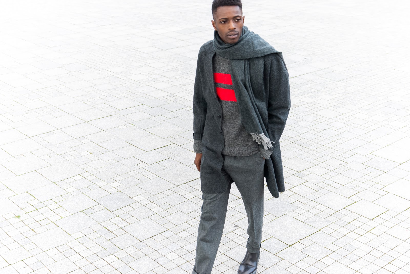 H&M Men's Collection FW/15 Style Guide by JON THE GOLD - monochrone look for men with layers of grey with david beckham sweater and flilippa k boots fw15