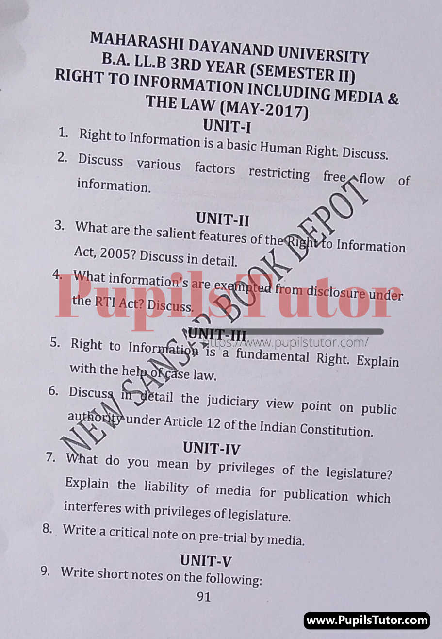 MDU (Maharshi Dayanand University, Rohtak Haryana) LLB Regular Exam (Hons.) Second Semester Previous Year Right To Information Including Media And The Law Question Paper For May, 2017 Exam (Question Paper Page 1) - pupilstutor.com