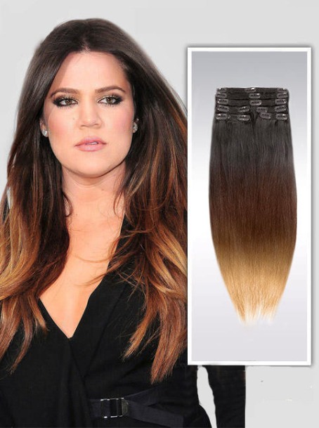 16 Inch Aura Straight Clip In Hair Extensions Three Tone Ombre 9 Pieces –Price: $59.95 