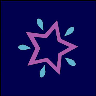 purple star with teal teardrops on a navy blue background