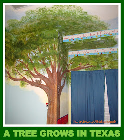 photo of: Tree Mural in Preschool Classroom (from Tree RoundUP via RainbowsWithinReach)
