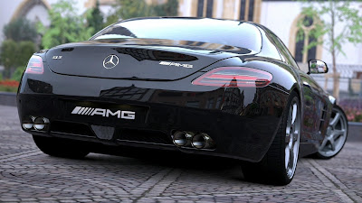 clean,clear,lamps,tires,expensive car black mercedes,mirror,building,glass,outside,day