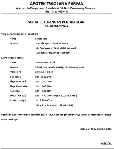 Contoh Surat Keterangan Penghasilan - WAWASANPENDIDIKAN