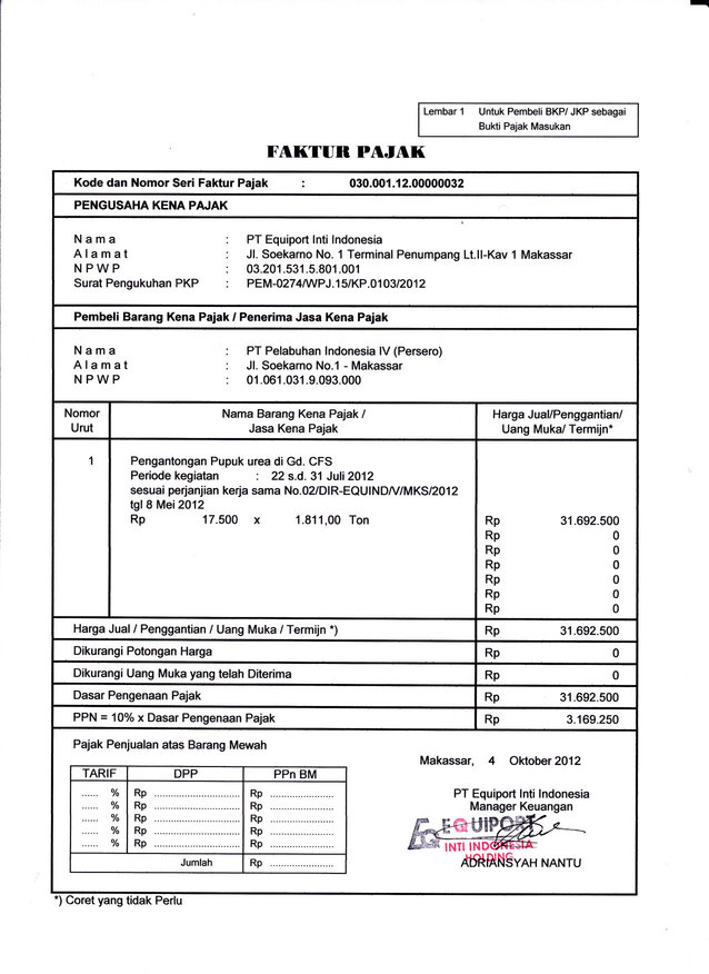 Contoh Faktur Pajak Standar Yang Sudah Diisi - Toko FD 