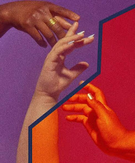 Three hands reaching for each other, representing non-monogamy