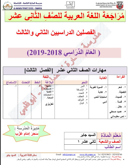 اوراق عمل مراجعة في اللغة العربية للصف الثاني عشر الفصل الثاني والثالث 2018-2019