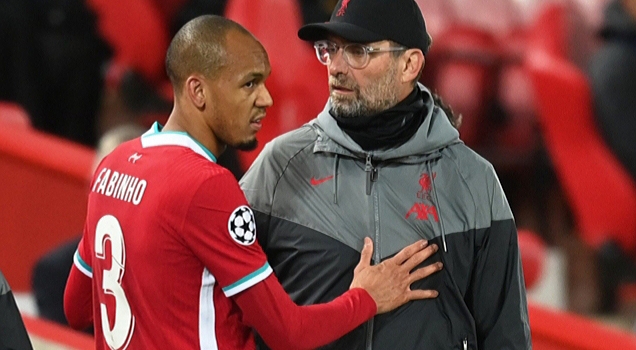 Fabinho injured against Midtjylland in the Champions League.