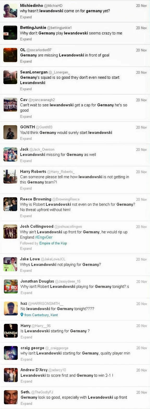 Stupid fans complaining on Twitter about Lewandowski not playing for Germany vs England