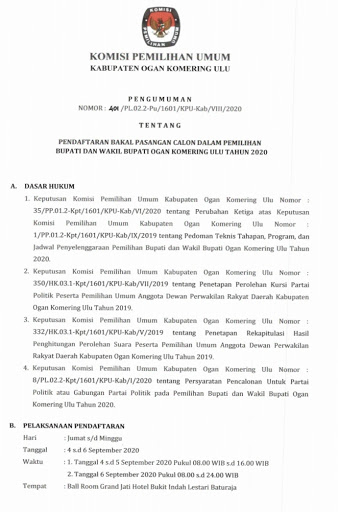 Pengumuman Pendaftaran Bakal Pasangan Calon Pemilihan Bupati & Wabup OKU 2020