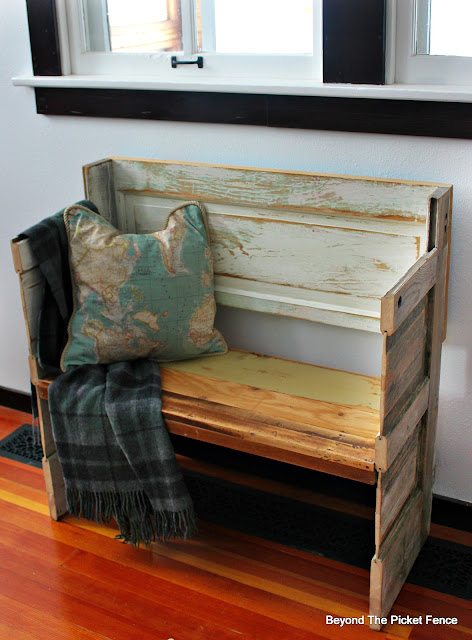 bench, entryway, old door, chippy paint, sander, salvaged wood, reclaimed, http://bec4-beyondthepicketfence.blogspot.com/2016/02/a-door-able-bench.html