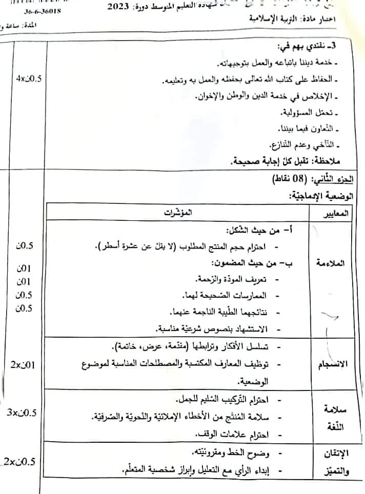 التصحيح الوزاري لامتحان التربية الاسلامية _شهادة التعليم المتوسط دورة 2023_